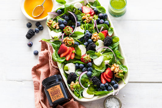 salad in serving dish with honey