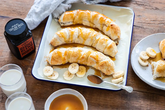 Bananas covered in pastry and honey