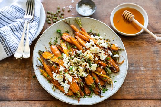 Plate of roasted carrots with honey