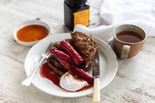 french toast with rhubarb, honey and coffee