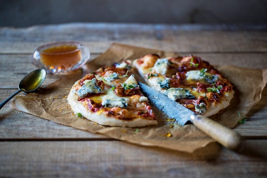 Prosciutto & Blue Cheese Pizza with Rocket and our Alpine Blue Borage Honey