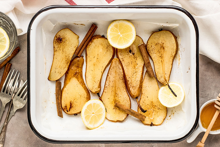 Oven-Poached Lemon and Honey Glazed Pears